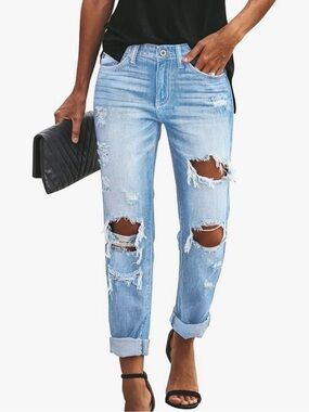 Light Blue Distressed Boyfriend Jeans - Women